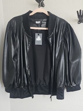 DKNY Black Faux Leather Bomber Jacket with Ribbed Trim